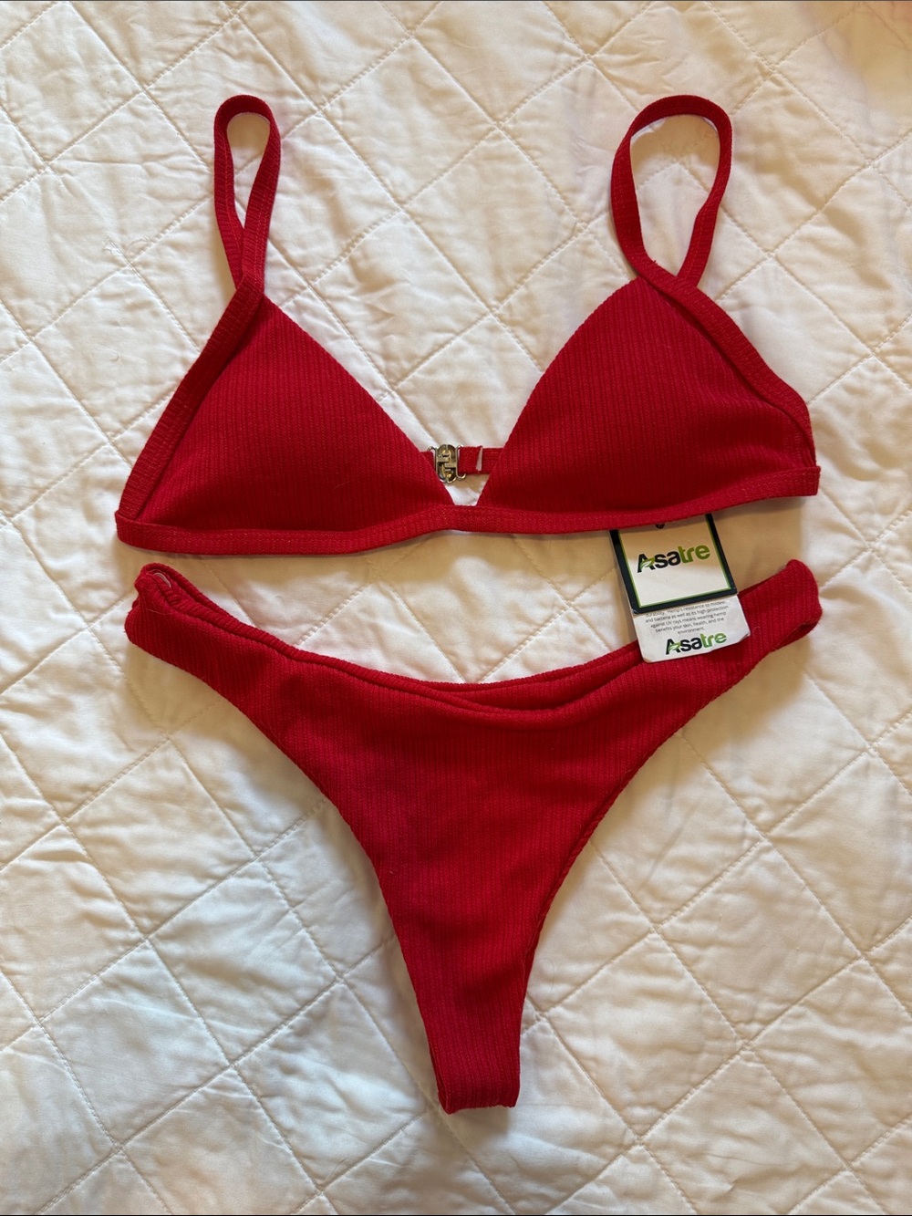 Asatre Red Ribbed Triangle Hemp Bikini Set